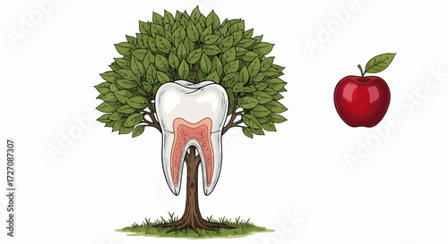 Healthy teeth and fruit for healthy teeth shown with molar tooth transforming into tree. For healthy teeth, consume healthy foods like ripe apple.