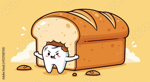 Cute tooth biting bread as healthy eating concept, represents tooth decay and dental problems. Biting bread with angry face of tooth is a conceptual representation of eating too much unhealthy food.