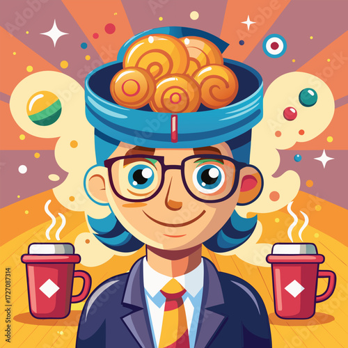 A cheerful cartoon character wearing glasses and a suit dreams of delicious cinnamon rolls and enjoys steaming cups of coffee, perfect for a delightful morning or a sweet escape.