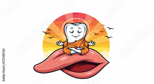 Dental health illustration with meditating tooth character on tongue. Dental health depiction shows a tooth meditating in lotus position, dental health promotes oral wellness, and proper care.