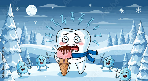 Sensitive teeth causing pain from cold ice cream in winter landscape. Unhappy sensitive teeth is trying to enjoy dessert, suffering toothache in cold winter surrounded by menacing snowballs.