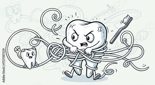 Cartoon tooth character with angry expression tangled in dental floss. Cartoon tooth, wrapped in floss, depicts dental hygiene challenges and frustration, it's a visual metaphor.