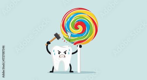 Tooth decay concept showing cartoon tooth character smashing lollipop with hammer. Tooth decay reveals unhealthy eating habits with sweets and sugars. Tooth decay concept conveys prevention,