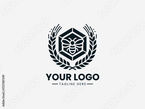 Elegant wheat stalks and honey bee inside hexagon vector logo for organic farm branding