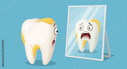 Tooth decay concept shows tooth looks into mirror with plaque and decay. Tooth decay presents oral hygiene problem in mouth with caries and tartar formation.