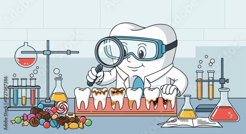 Dental care and research represented by a tooth character inspecting cavity teeth with magnifying glass. Dental care scene includes teeth samples, laboratory beakers and candy.