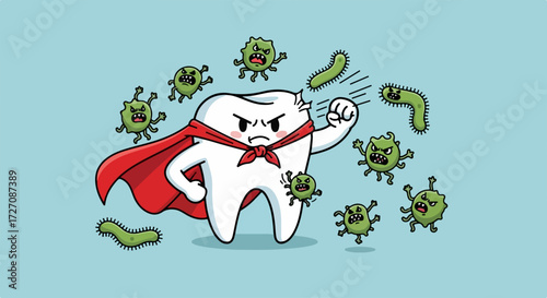 Tooth superhero with red cape protecting from bacteria, tooth superhero, standing bravely. Protecting from bacteria emphasizes health and dental hygiene, tooth superhero character is strong.