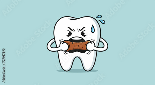 Cartoon tooth struggling with tough food. Cartoon tooth character expresses pain, eating hard bread and sweating with clenched fists.