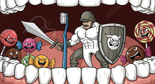Illustration of dental care inside mouth with tooth warrior combating sweets for dental care, wielding sword, shield, and brush.