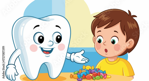 Cartoon tooth and candy for dental health with happy boy, surprised with sweets. Cartoon tooth promotes dental health awareness and hygiene, showing sugary treats.