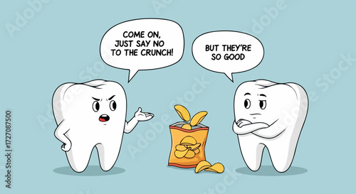 Say no to the crunch, an illustration of cartoon teeth arguing about snacking on chips. Say no to the crunch and risk tooth decay, with comic tooth character warning of dental health issues.