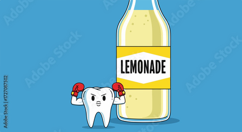 Cartoon tooth character stands beside lemonade bottle, flexing muscles. Cartoon tooth is a playful depiction, contrasting healthy teeth with sugary drink, and is smiling and wearing boxing gloves.