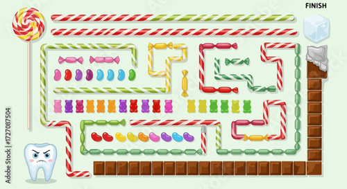 Candy maze with toothache problem with colorful sweets arranged to form winding path. This candy maze shows various sweets, lollipop, candy cane, gummy bears, and chocolate bricks.