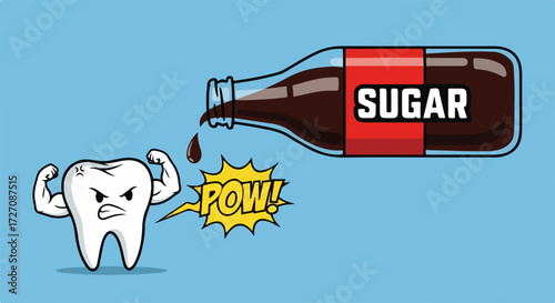 Sugar damage concept illustration, shows bottle pouring sugary liquid onto a muscular tooth with angry expression. Sugar damage to teeth and oral hygiene issues depicted in a cartoon image.