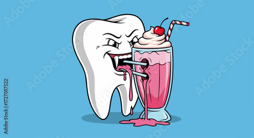 Cartoon tooth character is dangerously consuming a milkshake, sweet dessert. Cartoon tooth threatens dental health. Cartoon tooth versus sugary drink.