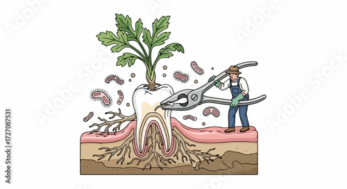 Dental care concept shows tooth extraction with weeds growing from tooth and person using dental pliers. Dental care illustrates removing decay and dental weeds.