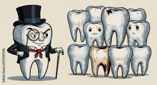 Tooth decay graphic depicts gentleman tooth standing over a group of unhealthy teeth. Tooth decay graphic represents a concept of good versus bad oral health, including hygiene and proper dental care.