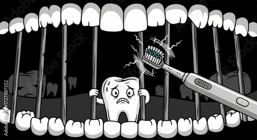 Inside mouth illustration displaying imprisoned tooth with toothbrush. Dentist illustration features molar behind bars with sad expression, while toothbrush attempts to break through.