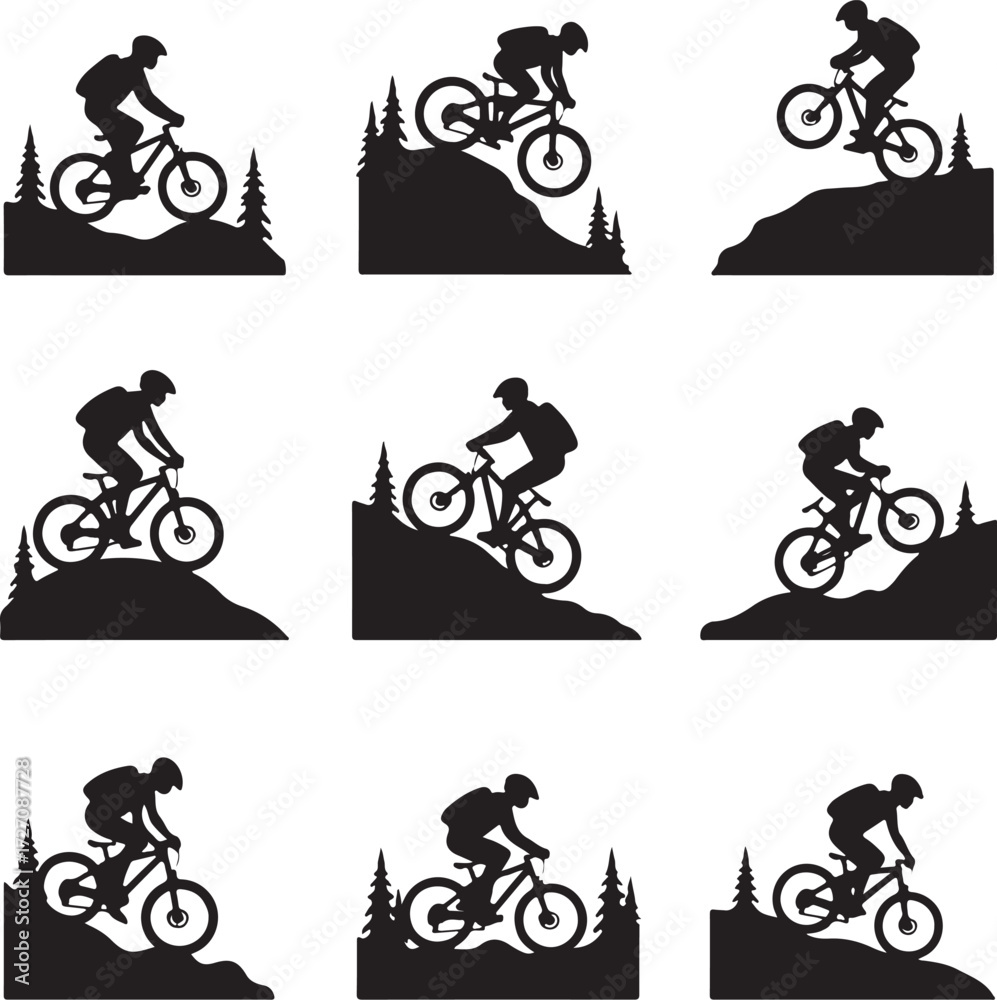 Obraz premium Black silhouettes of mountain bikers on hills with trees