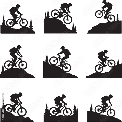 Black silhouettes of mountain bikers on hills with trees