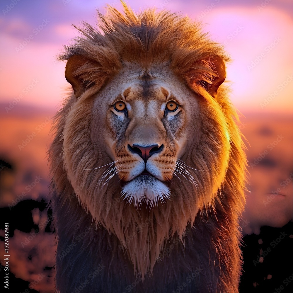 Fototapeta premium A powerful male lion with a magnificent mane stares intensely into the distance, illuminated by the warm glow of a vibrant sunset over the African plains.