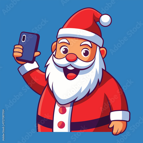 Santa Claus is captured in a jolly moment, posing for a selfie with his smartphone. His joyful expression and festive attire capture the spirit of the holiday season.