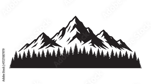 A black silhouette of mountains and fir trees creates a panoramic landscape illustration, perfect for a logo, set against a white background.