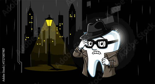 Tooth character in detective attire under streetlight in rainy night scene. Tooth character dressed as private investigator under the rainy cityscape, complete with skyscrapers, embodies mystery.