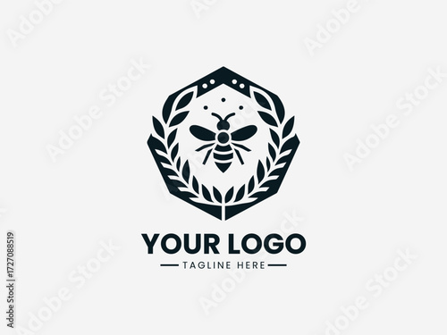 Elegant wheat stalks and honey bee inside hexagon vector logo for organic farm branding