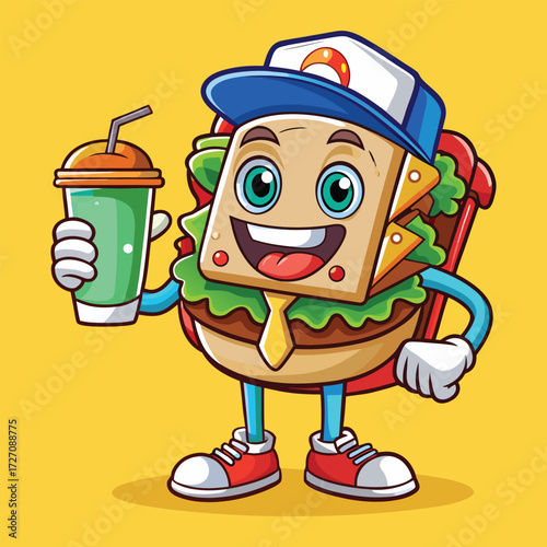 A cheerful sandwich character with a blue baseball cap and red shoes holds a green beverage with a straw. This friendly food mascot is ready for a delicious meal.