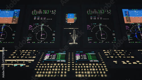 Wide View of Dark Aircraft Cockpit with Multiple Glass Displays and FMS/MCDU Panels