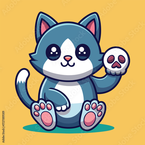 A charming cartoon cat with big eyes and a friendly demeanor. This whimsical feline features a playful skull design on its chest and sits with one paw playfully raised.