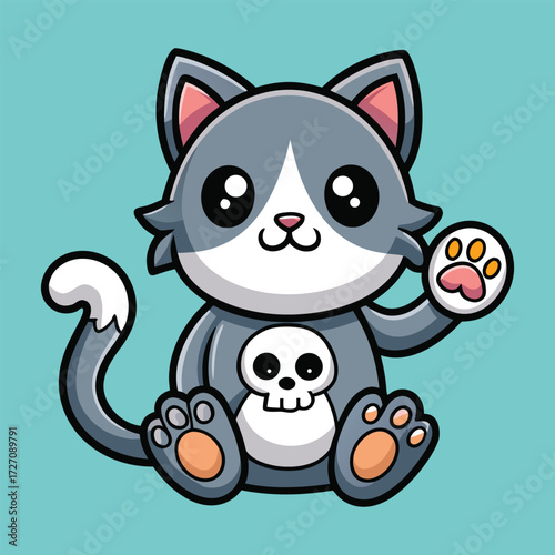 A charming cartoon cat with big eyes and a friendly demeanor. This whimsical feline features a playful skull design on its chest and sits with one paw playfully raised.