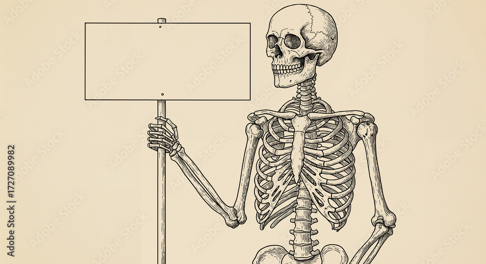 Obraz premium Skeleton holding blank sign in vintage illustration style 