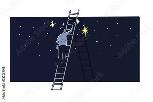 A person ascending a ladder to reach and touch the glowing stars in the night sky.