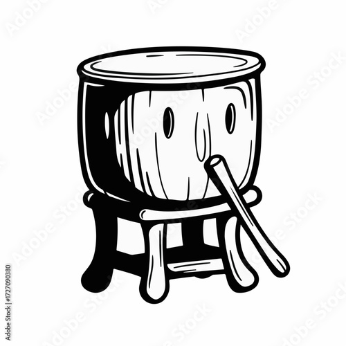 Whimsical wooden drum with a smiling face and a drumstick