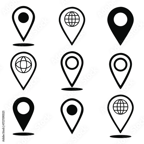 Collection of nine black and white map marker icons with different designs including globes and solid circles