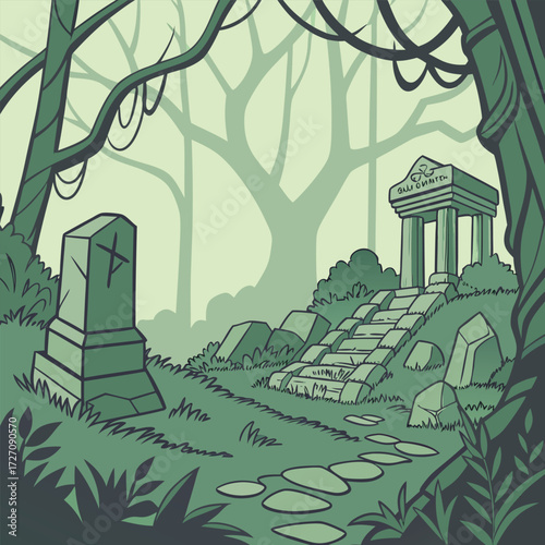 Explore a mysterious ancient ruin in a lush green forest cartoon landscape background for adventure games
