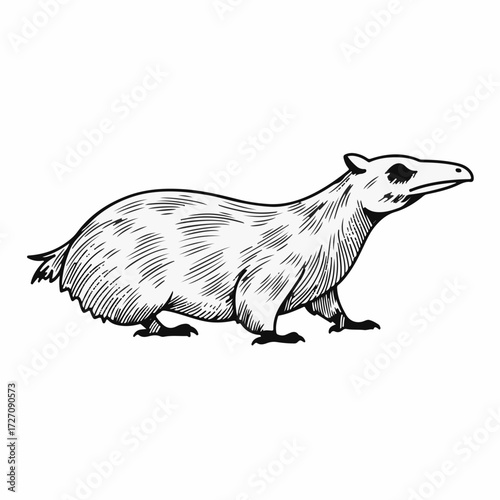 Ancient mammal illustration with detailed hatching on white background