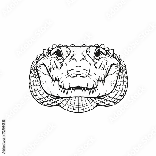 Intense close-up illustration of an alligator's head with sharp teeth and textured scales.