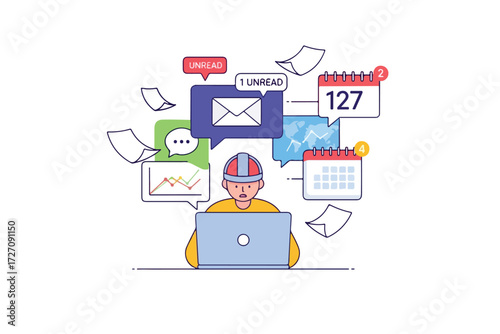 A person working on a laptop surrounded by notifications, emails, and a calendar, indicating a busy work environment.