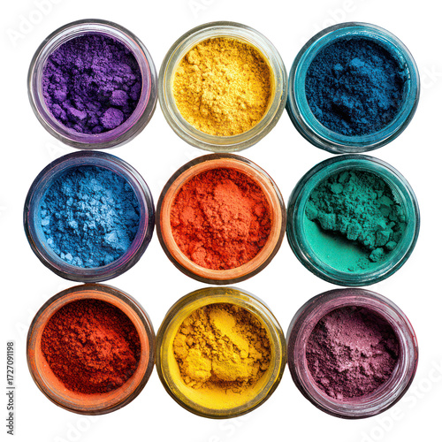 Vibrant pigment powders in small jars displayed in a grid