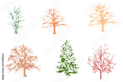 set of section colorful tress  outline for landscape design drawing. Vector illustration.