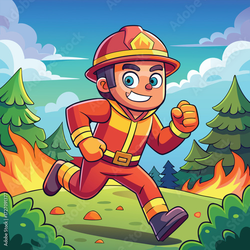 A determined cartoon firefighter in a red suit and helmet sprints through a fiery forest. He's ready to bravely face the blaze and protect the woods.