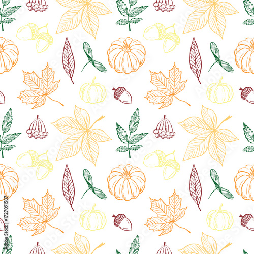 Autumn seamless pattern design with maple leaf, acorn, pumpkin chestnut in colored brush stroke texture isolated on white. Hand drawn vector sketch illustration in vintage charcoal ink. Wrapping paper