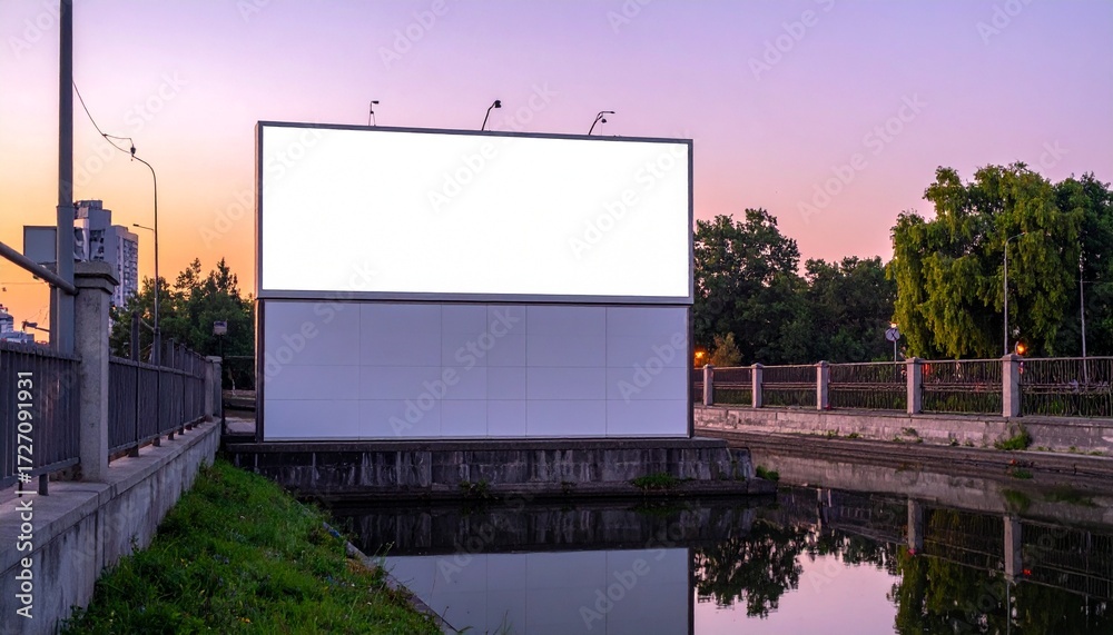 Fototapeta premium Empty Billboard by Canal at Dusk, Urban Setting