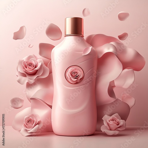 Modern cosmetic product bottle mockup with decorative roses