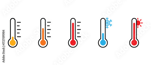 Weather Sign. Temperature icon set. Thermometer with yellow blue red scale, climate control, Vector symbols for measuring high and low temperatures. 