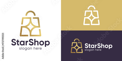 Creative simple star shop logo template. Shopping bag with star logo design vector illustration.
