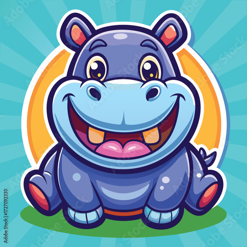A charming and whimsical cartoon hippo character with a wide, joyful smile and expressive eyes. This cheerful creature is ready for fun and adventure, bringing a sense of playfulness to any project.